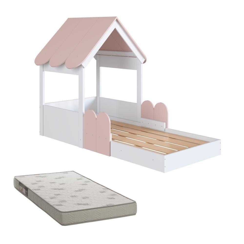 Cama Infantil Montessoriana Casinha Com Colchão E Telhado Em Mdp Rosa - 2