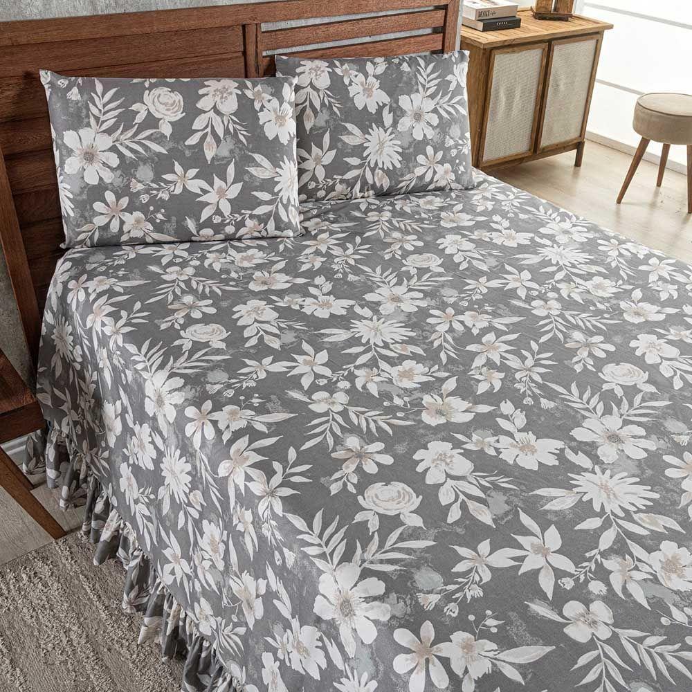 Kit Cobre Leito Colcha Bella Queen 3 Peças 400 Fios Estampado Com Babado - Floral 6 - 100% Poliéster - 3