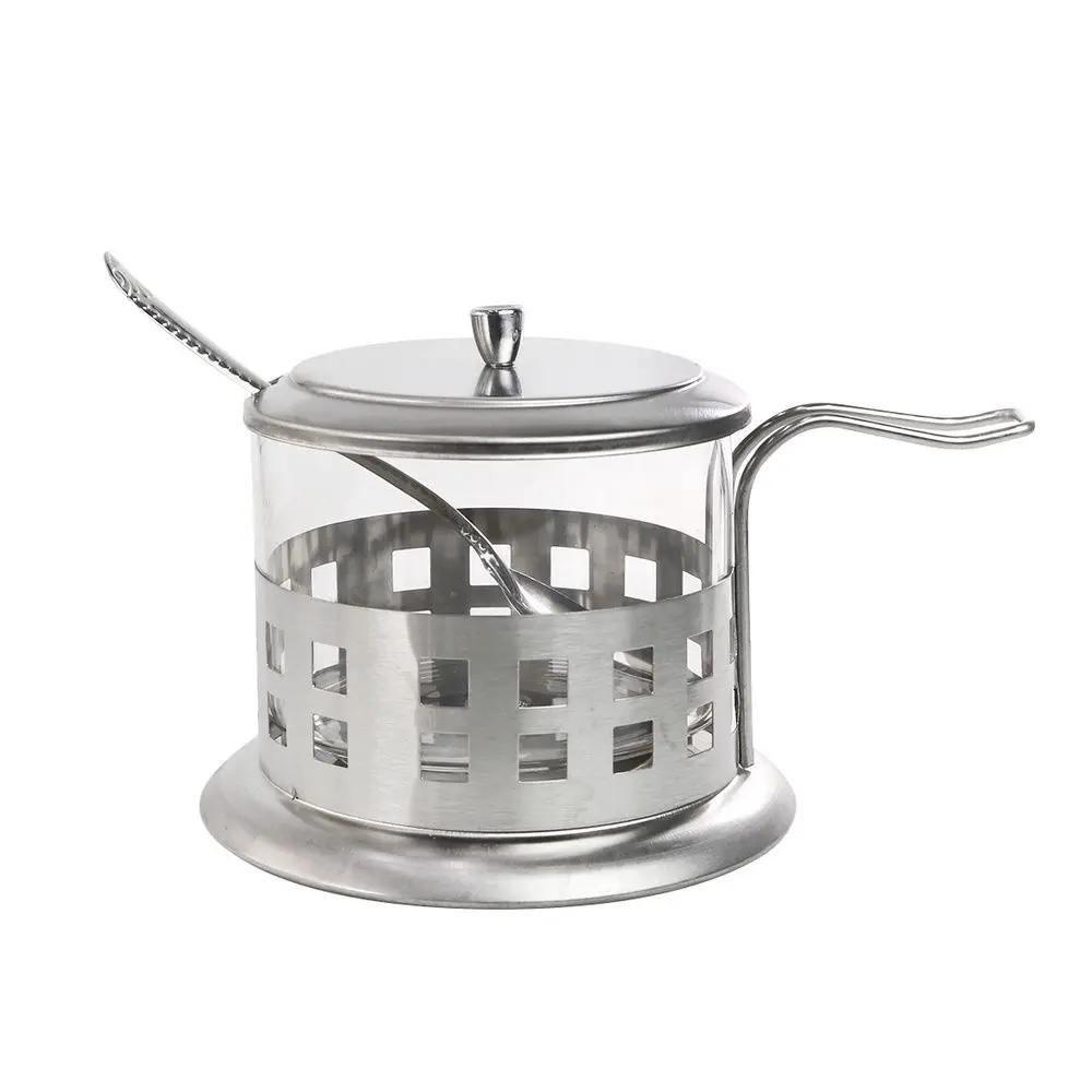 Acucareiro Inox Vidro Prata Kit Completo Luxo Colher Tampa Removivel Porta Acucar Sal Pote Alca Cha Cafe - 6