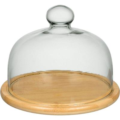 Prato Bolo Redondo Com Tampa Vidro E Base Bambu Home&co