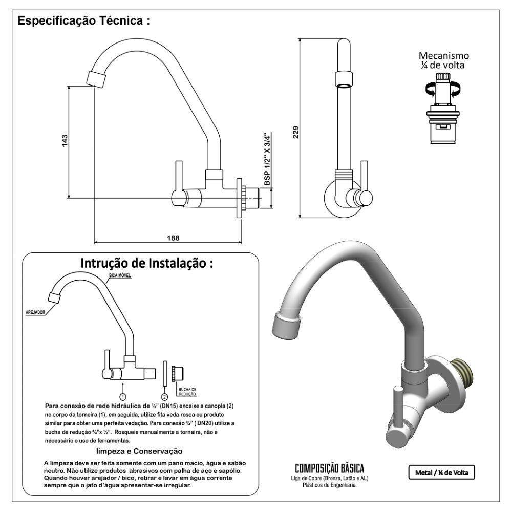 Torneira Cozinha Bica Móvel Metal Cromada 1/4 Volta Parede Luxo - 6