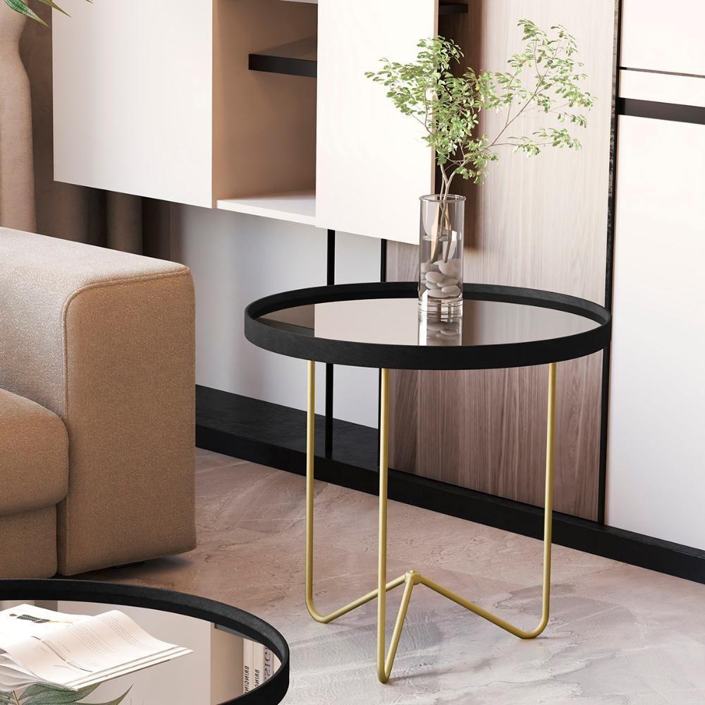 Mesa Lateral Alamanda Sala Espelhada Com Pés Metálicos Preto-dourado - 2