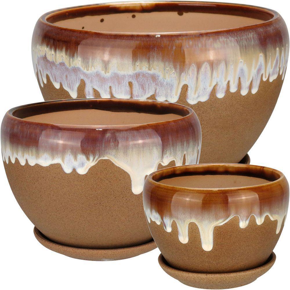 Jogo 3 Cachepô Vaso Planta Decorativo Cerâmica Marrom - 1