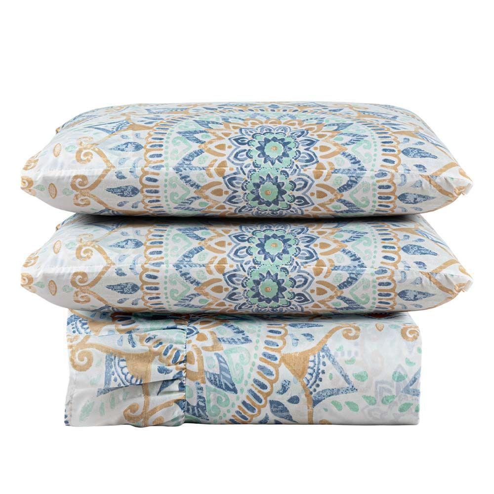 Kit Cobre Leito Colcha Bella Casal 3 Peças 400 Fios Estampado Com Babado - Mandala 5 - 100% Poliéster - 1