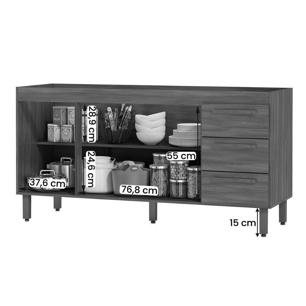 Balcão De Cozinha Atenas Com Tampo 3 Portas 3 Gavetas 158 Cm Freijo-baunilha - 3