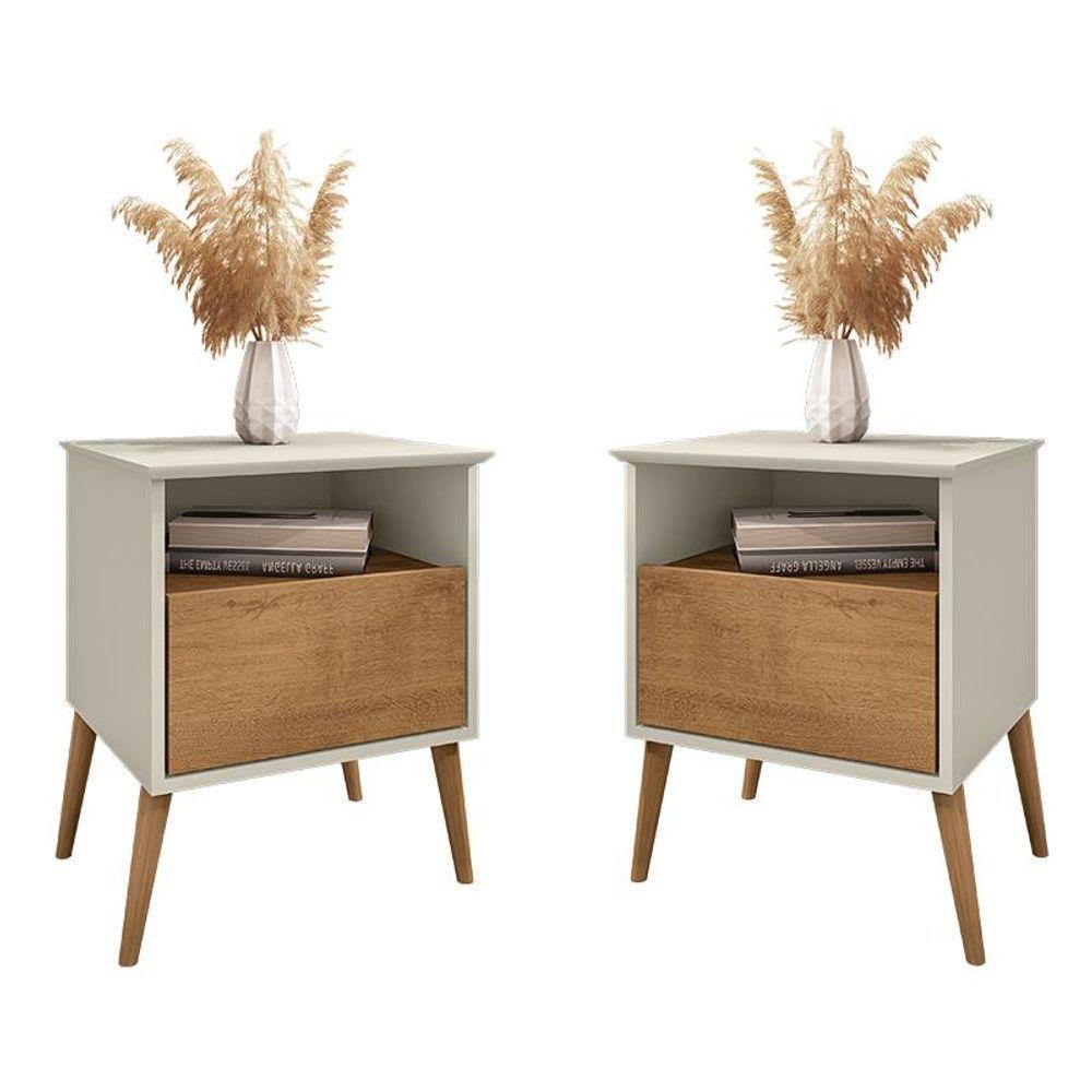 Kit 2 Mesa De Cabeceira Cancun 1 Gaveta Pés Madeira Maciça Off White-naturale - 1