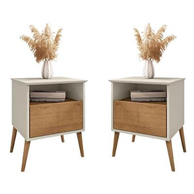 Kit 2 Mesa De Cabeceira Cancun 1 Gaveta Pés Madeira Maciça Off White-naturale