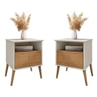 Kit 2 Mesa De Cabeceira Cancun 1 Gaveta Pés Madeira Maciça Off White-naturale - 1