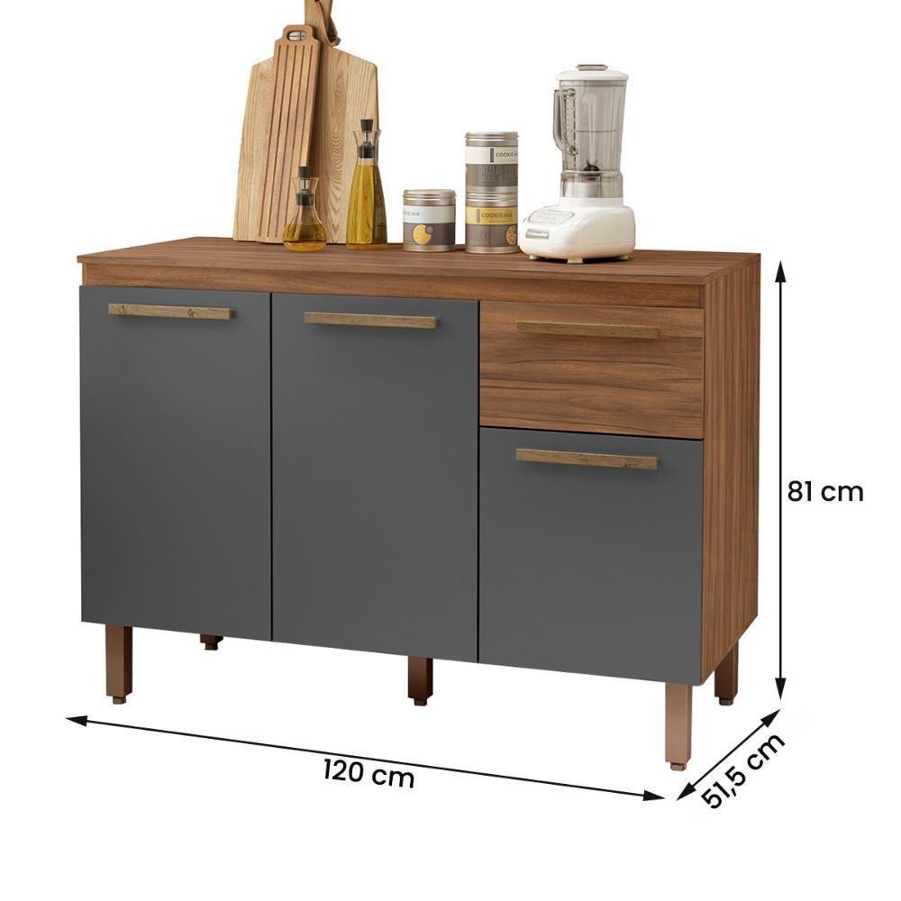 Balcão Copa Com Tampo Para Cozinha 3 Portas E 1 Gaveta Freijo-chumbo - 4