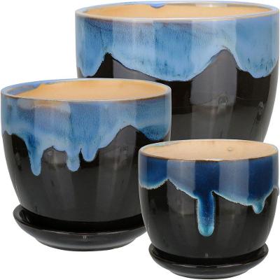 Jogo 3 Cachepô Vaso Planta Decorativo Cerâmica Azul