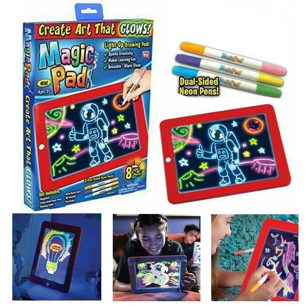 Lousa Magica De Desenhos 30 Atividades Neon 3d Led Quadro Iluminado Infantil Kit Completo 3 Canetas Tablet Criança Aviso - 1