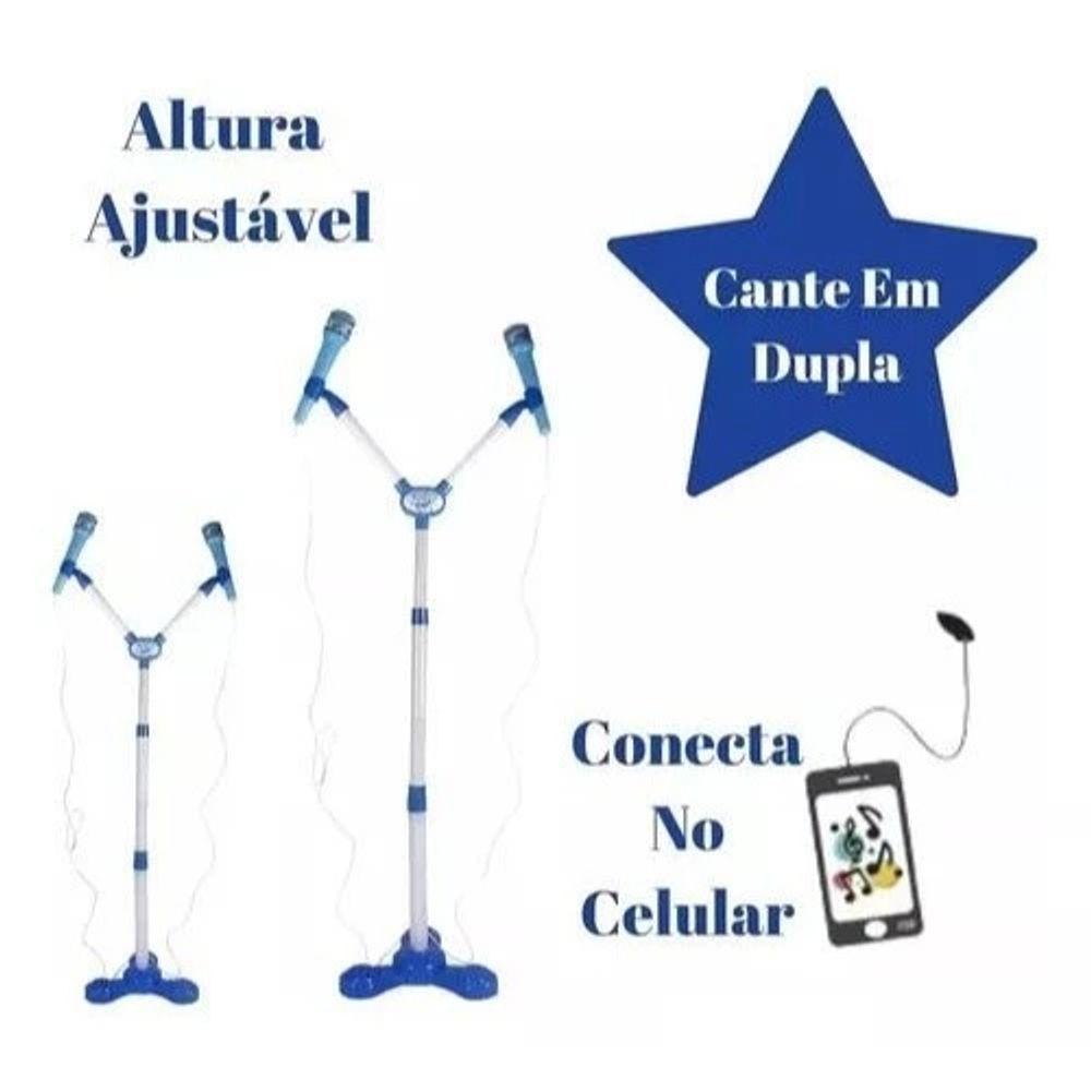 Kit Microfone Infantil Duplo Pedestal Luz Som Conecta Celula - 2