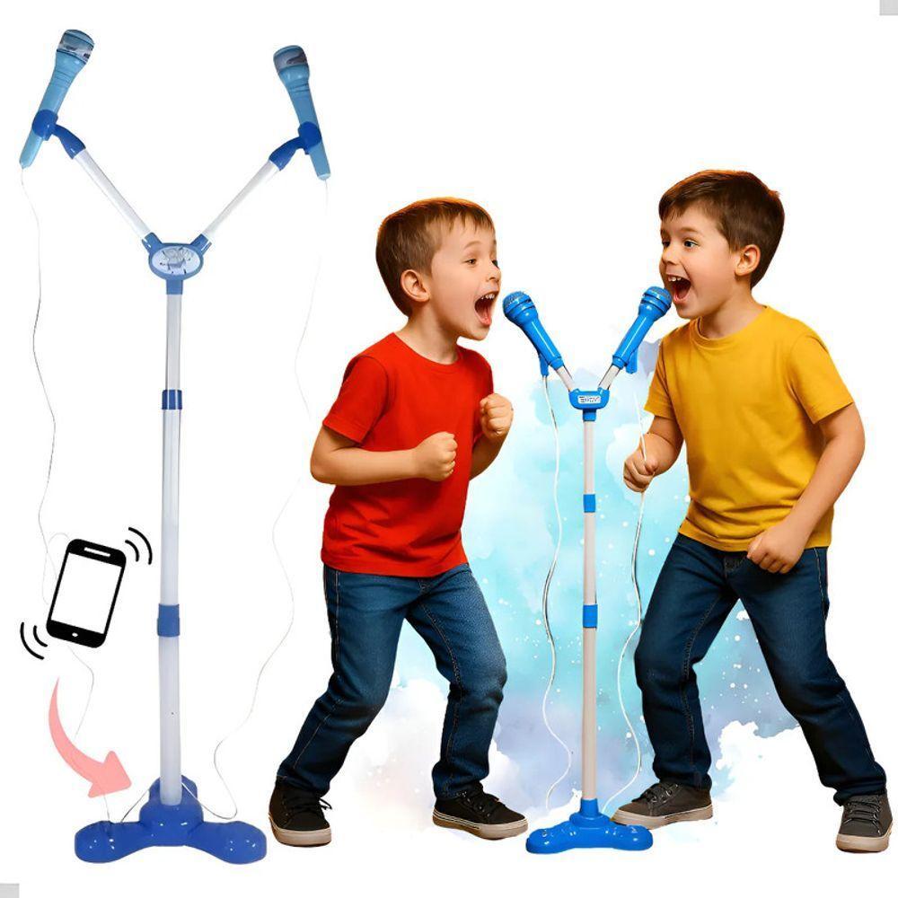 Kit Microfone Infantil Duplo Pedestal Luz Som Conecta Celula - 3