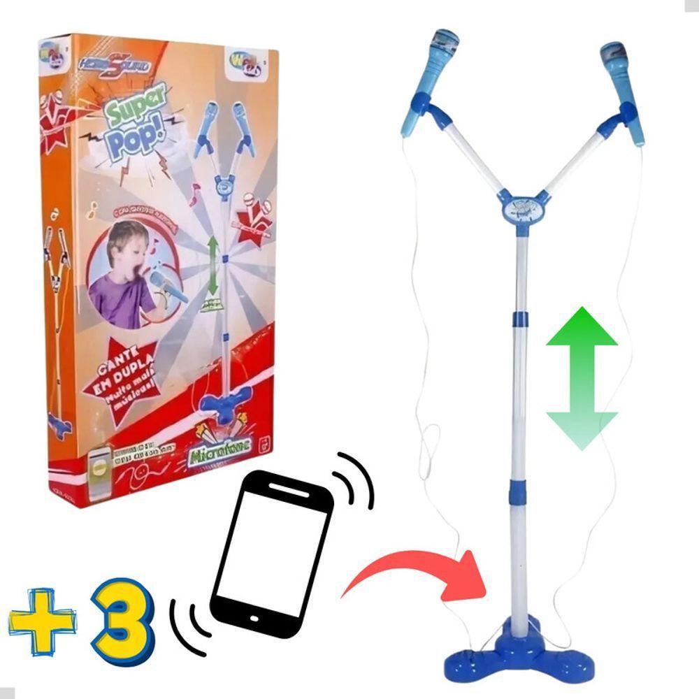 Kit Microfone Infantil Duplo Pedestal Luz Som Conecta Celula - 4