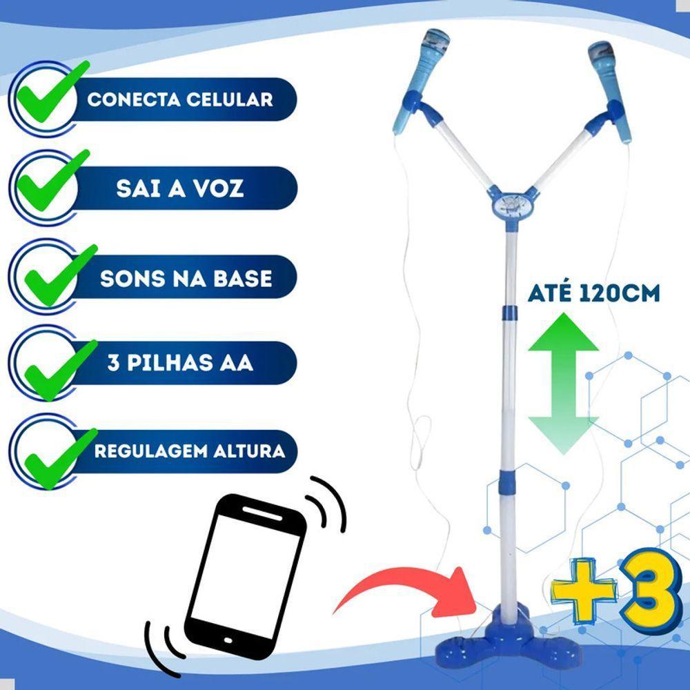 Kit Microfone Infantil Duplo Pedestal Luz Som Conecta Celula - 8