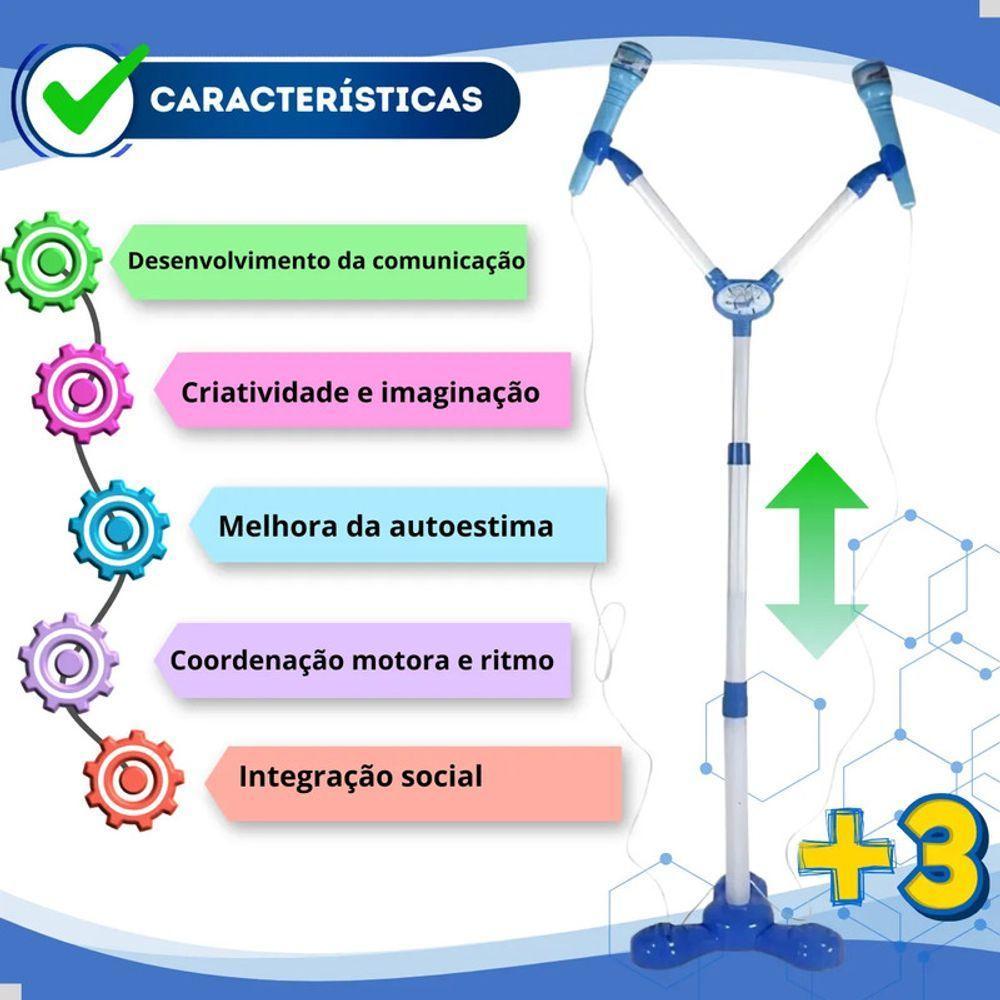 Kit Microfone Infantil Duplo Pedestal Luz Som Conecta Celula - 9