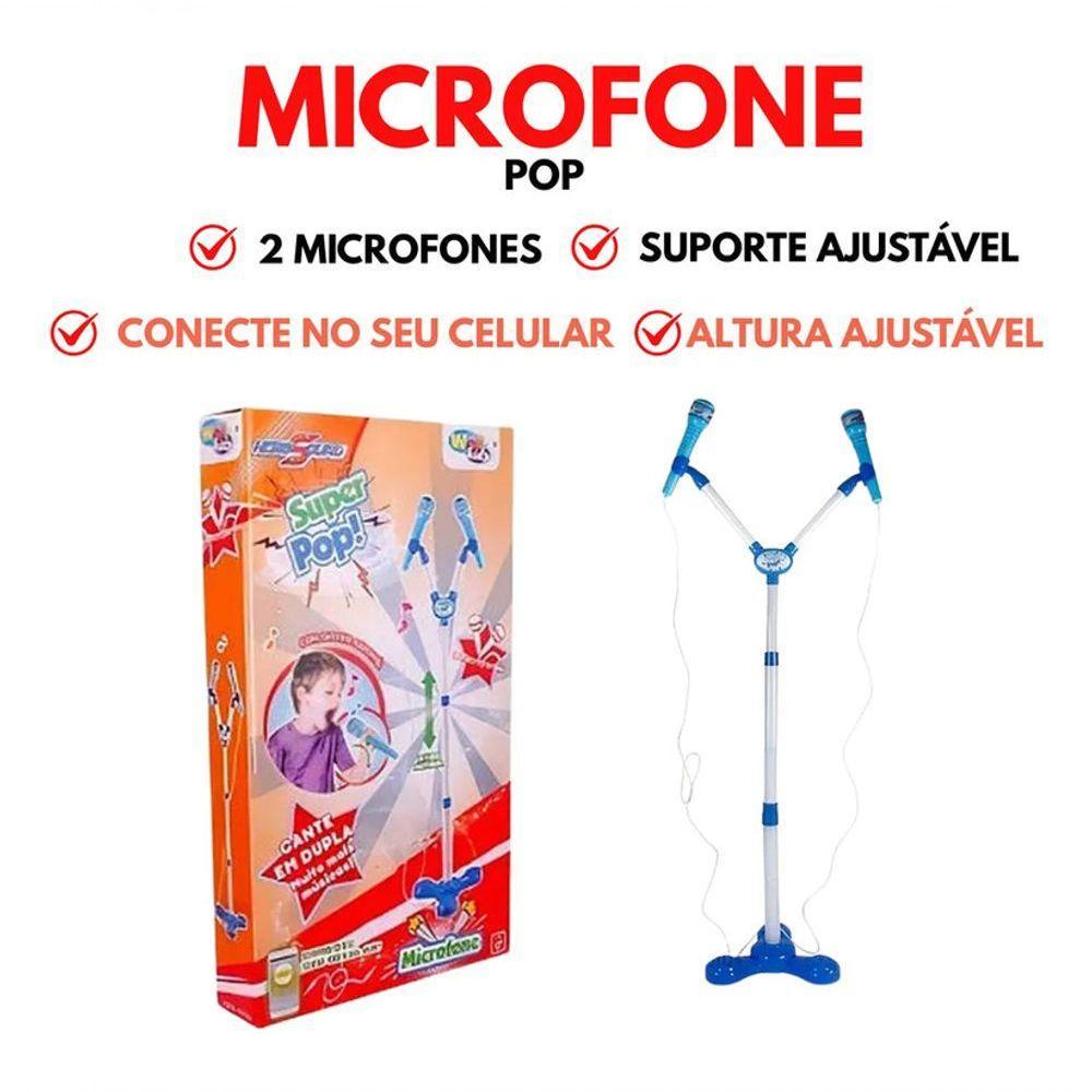 Kit Microfone Infantil Duplo Pedestal Luz Som Conecta Celula - 10