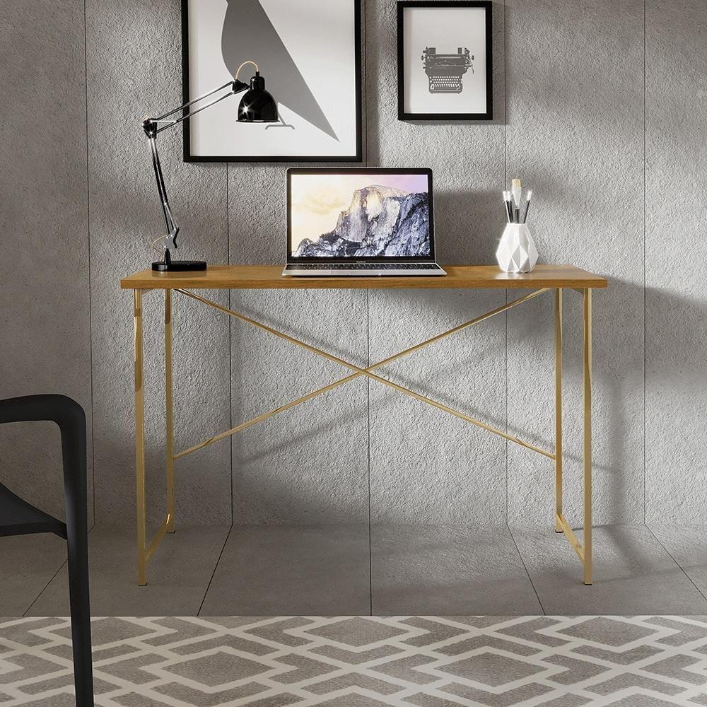 Escrivaninha Steel 90 Cm Estilo Industrial Com Pés Em Aço Dourado-naturale - 2
