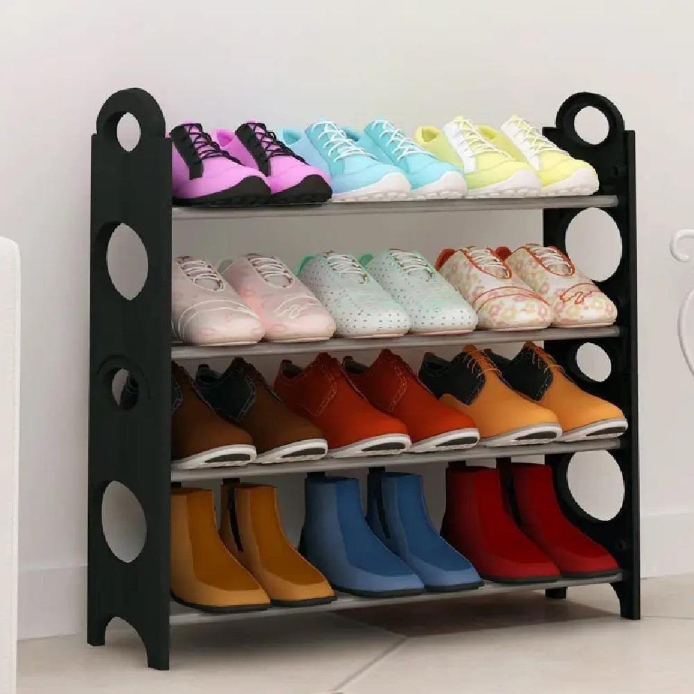Sapateira 12 Pares Grande Ampliavel Empilhavel Estante Desmontavel 4 Prateleiras Em Aluminio Organizadora Preta - 3