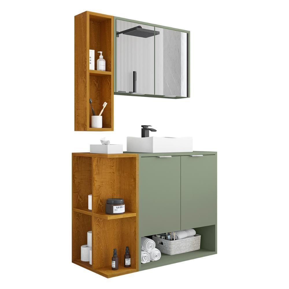 Gabinete Banheiro Ibiza 2 Portas Cuba E Armario Espelheira Pistache-naturale - 1