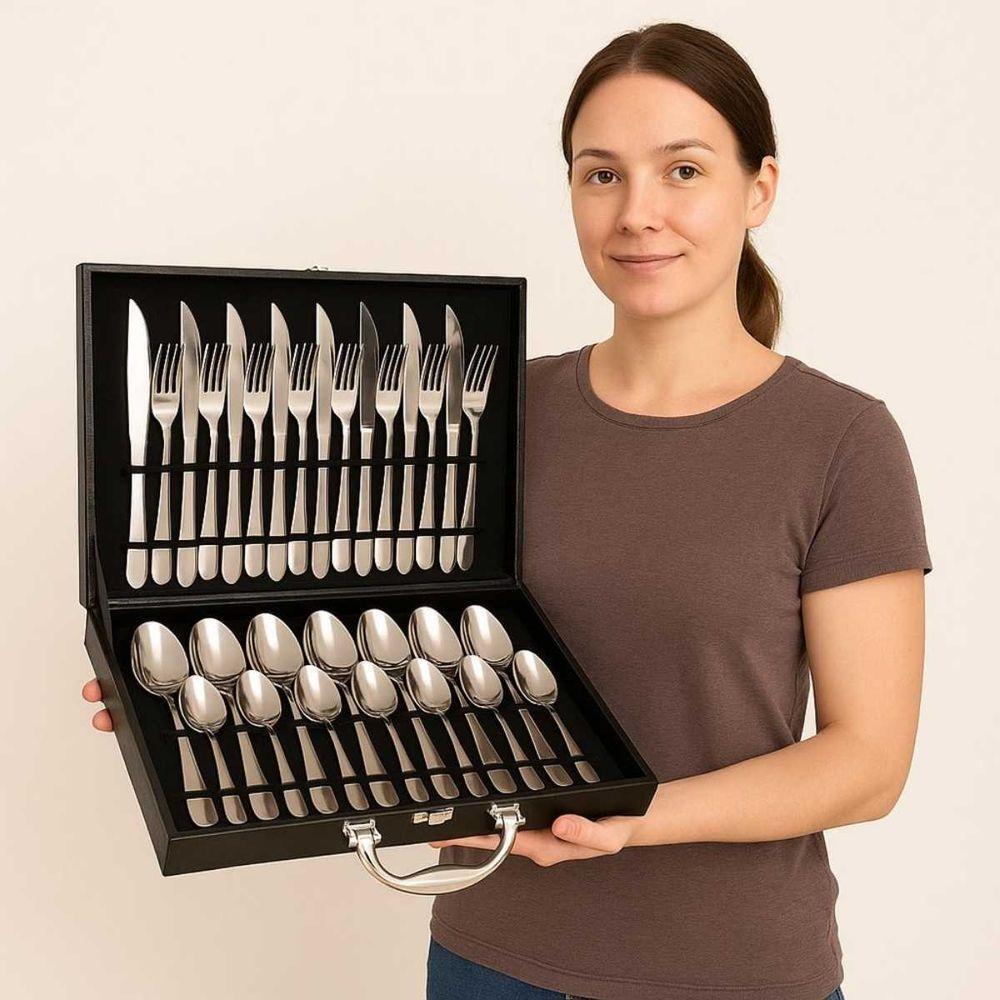 Kit Conjunto 24 Peças Talheres Inox Com Maleta Preta - 2