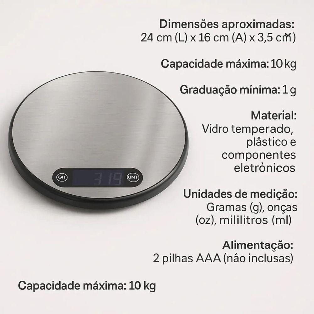 Balança De Cozinha Digital Redonda Inox 10kg - 3