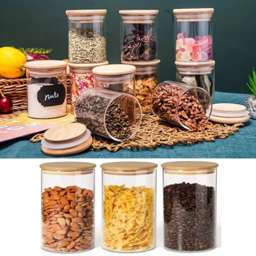 Pote De Vidro Circular Hermético Multiuso Com Tampa De Bambu 500ml - 5