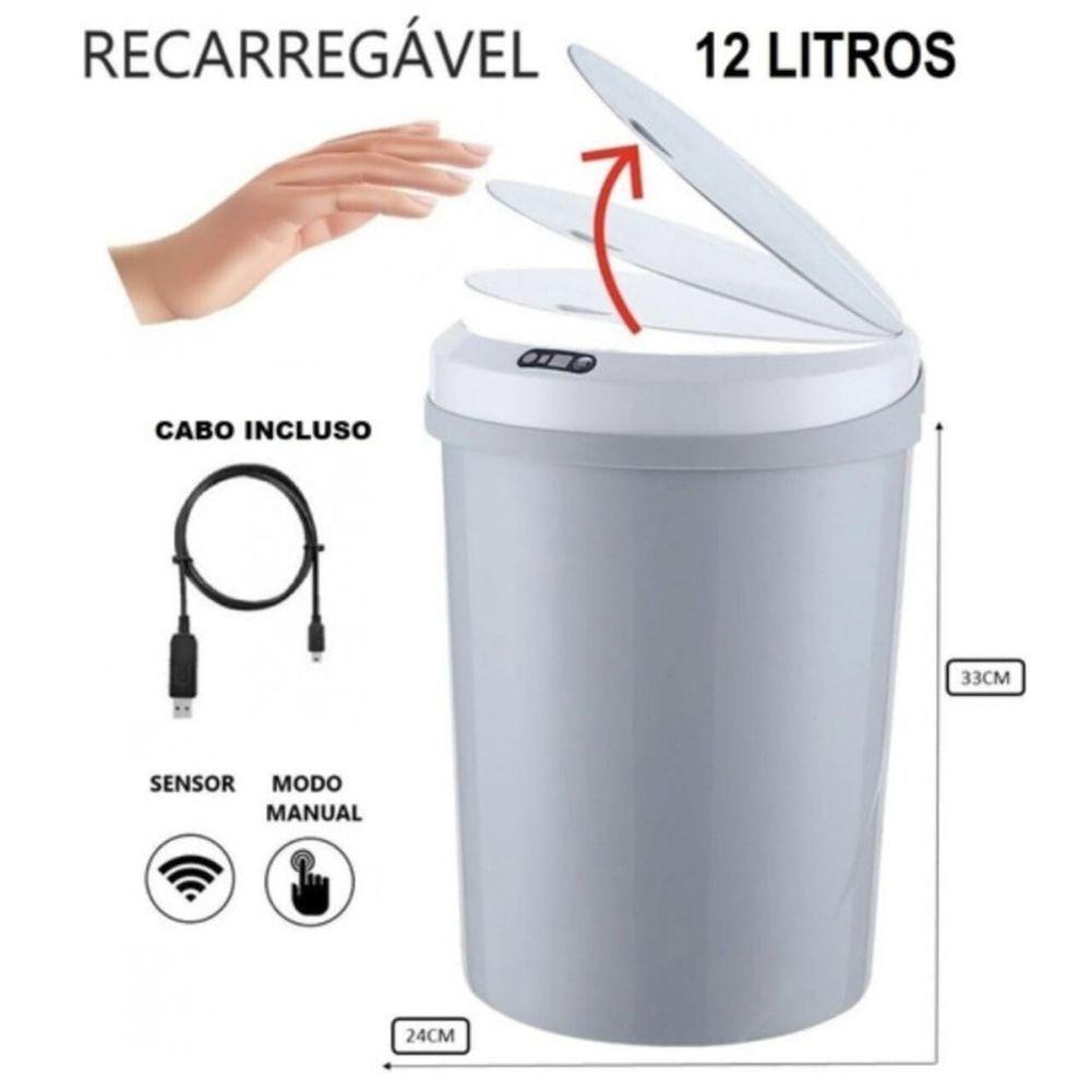 Lixeira Automática Redonda 12 Litros Com Sensor Cinza - 3