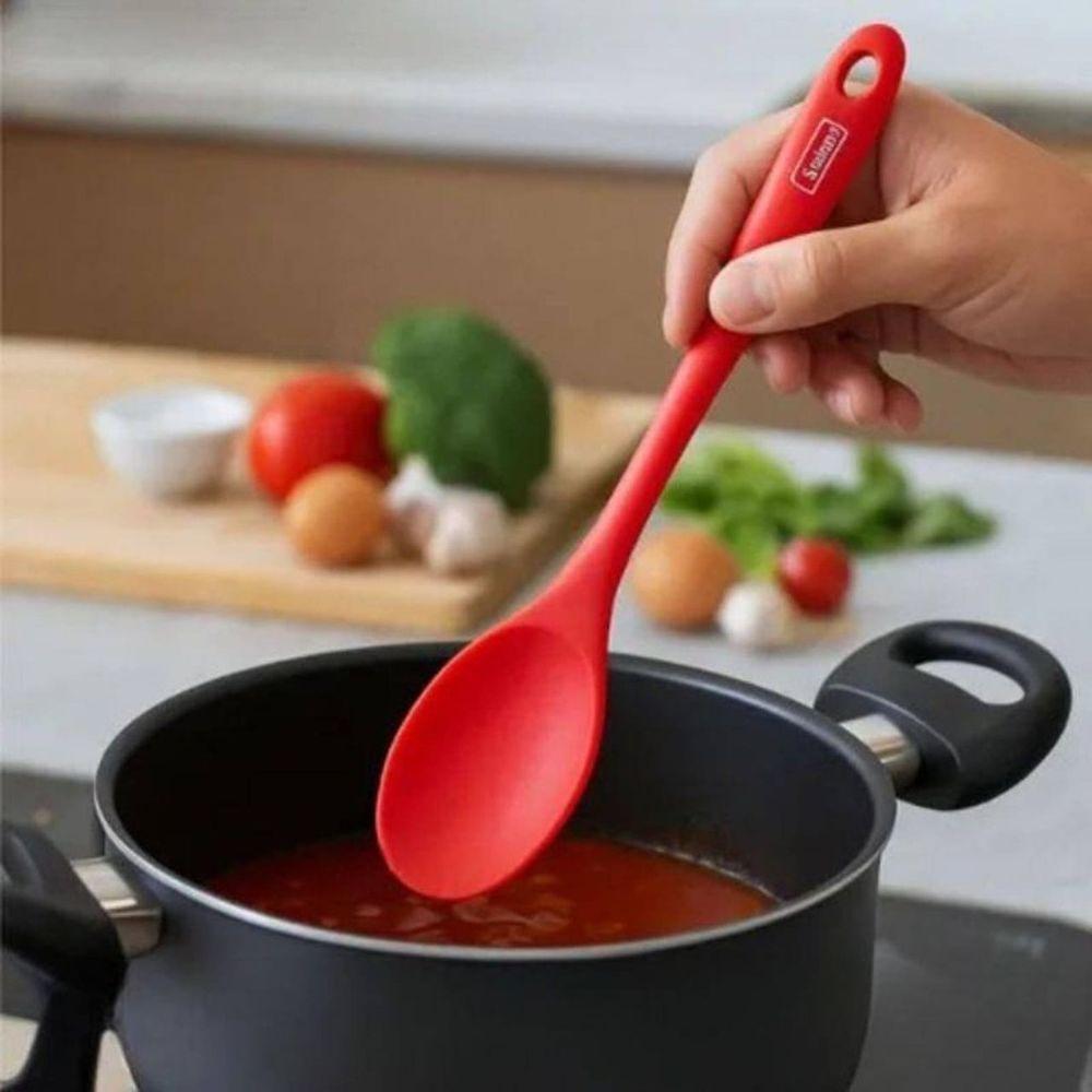 Colher Arroz Silicone Sopa Grande Alta Qualidade Cabo Longo 28cm - Vermelha - 4