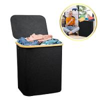 Cesto Organizador Multiuso Dobrável Com Tampa Resistente Roupa Suja Brinquedos - Preto - 1