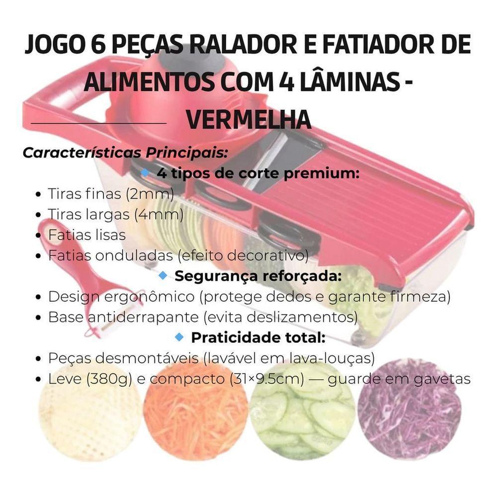 Kit Jogo 6 Peças Ralador E Fatiador De Alimentos Com 4 Lâminas - Vermalho - 7
