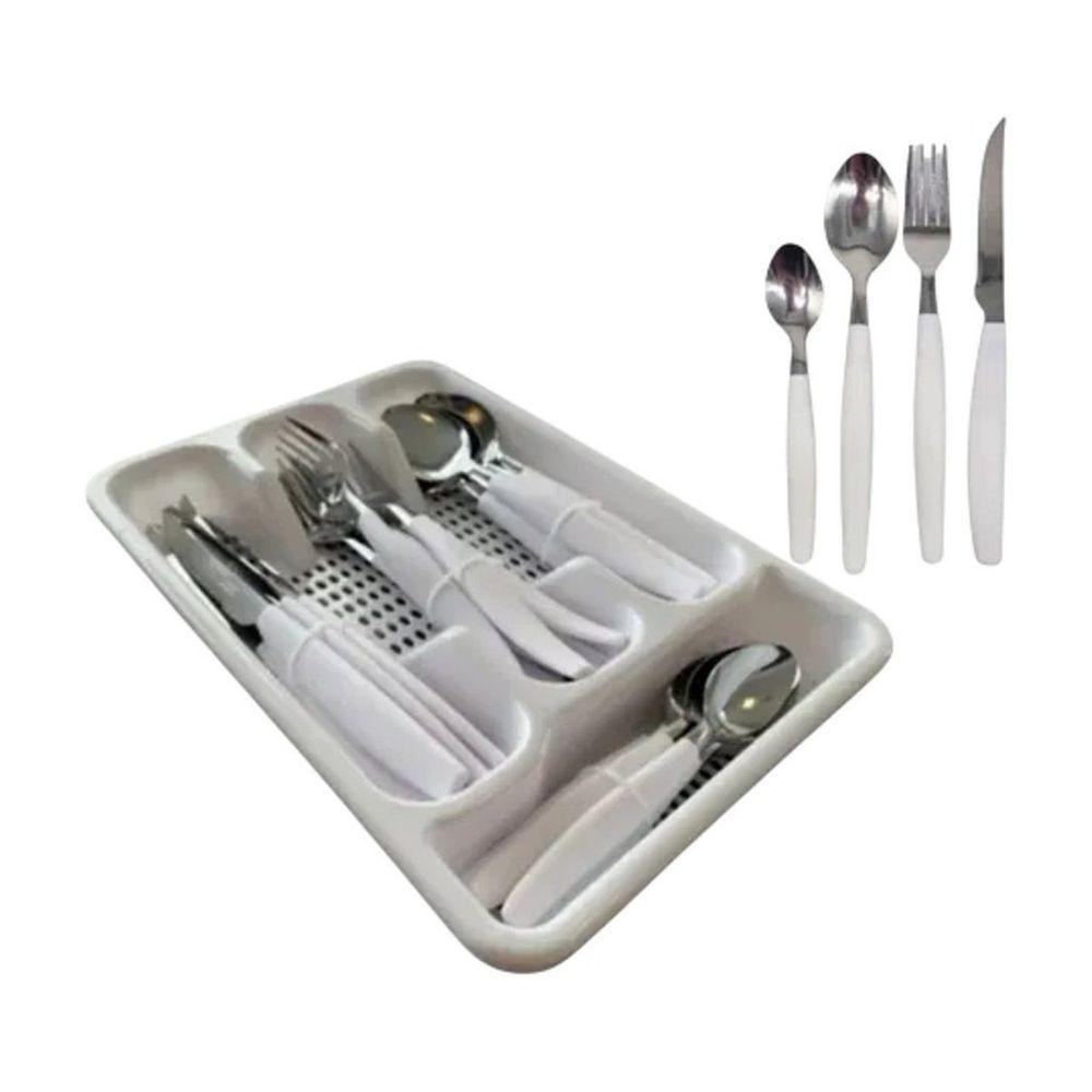 Kit Jogo De Faqueiro 25 Peças Com Porta Talheres Branco - 1