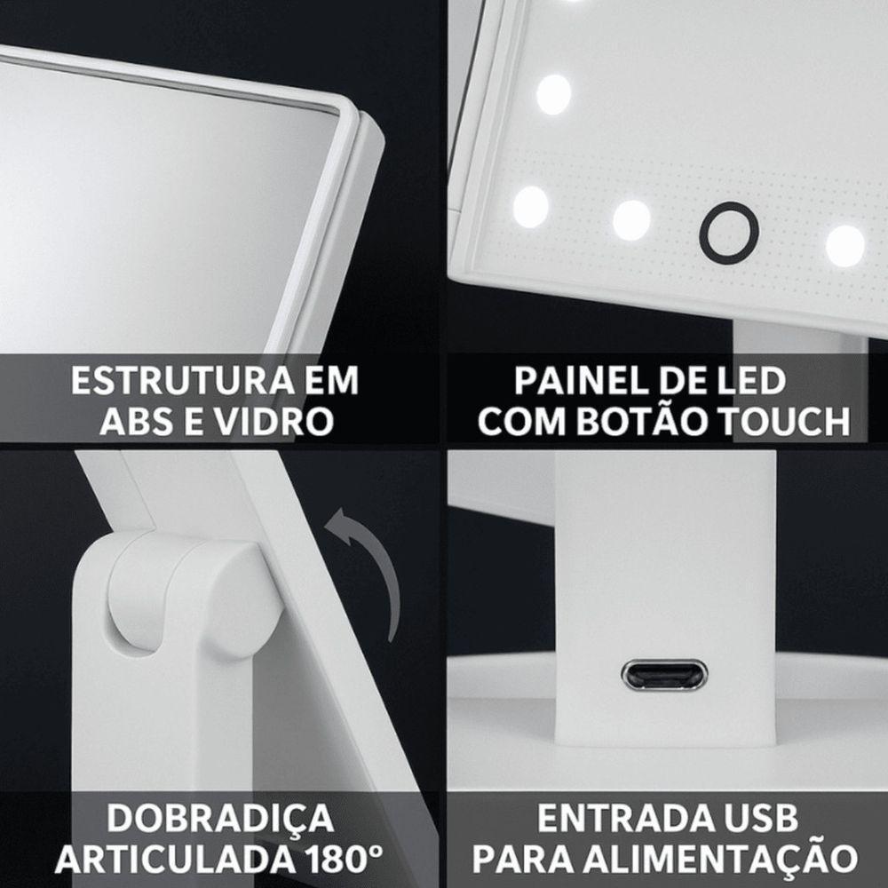 Espelho De Maquiagem Dobrável Triplo Com Iluminação Led - Branco - 5