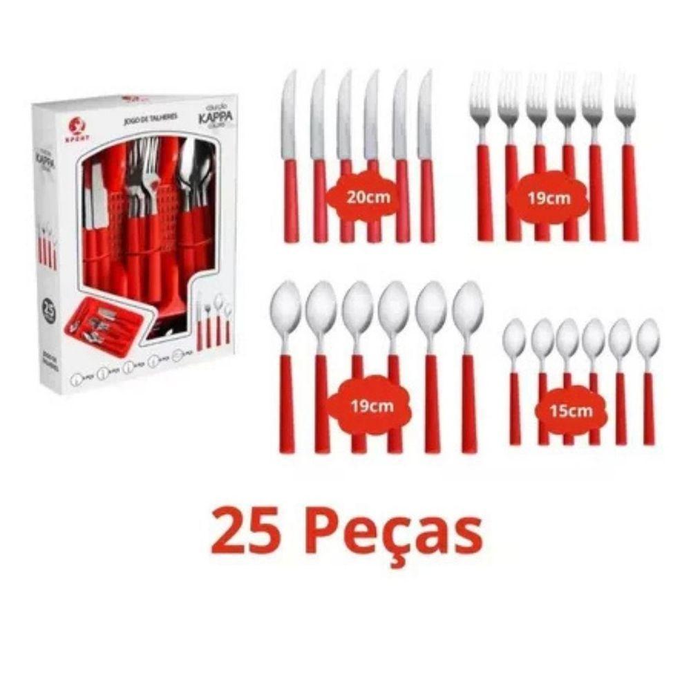 Kit 25 Peças Jogo De Talheres De Mesa Plástico E Aço Inox Vermelho - 2