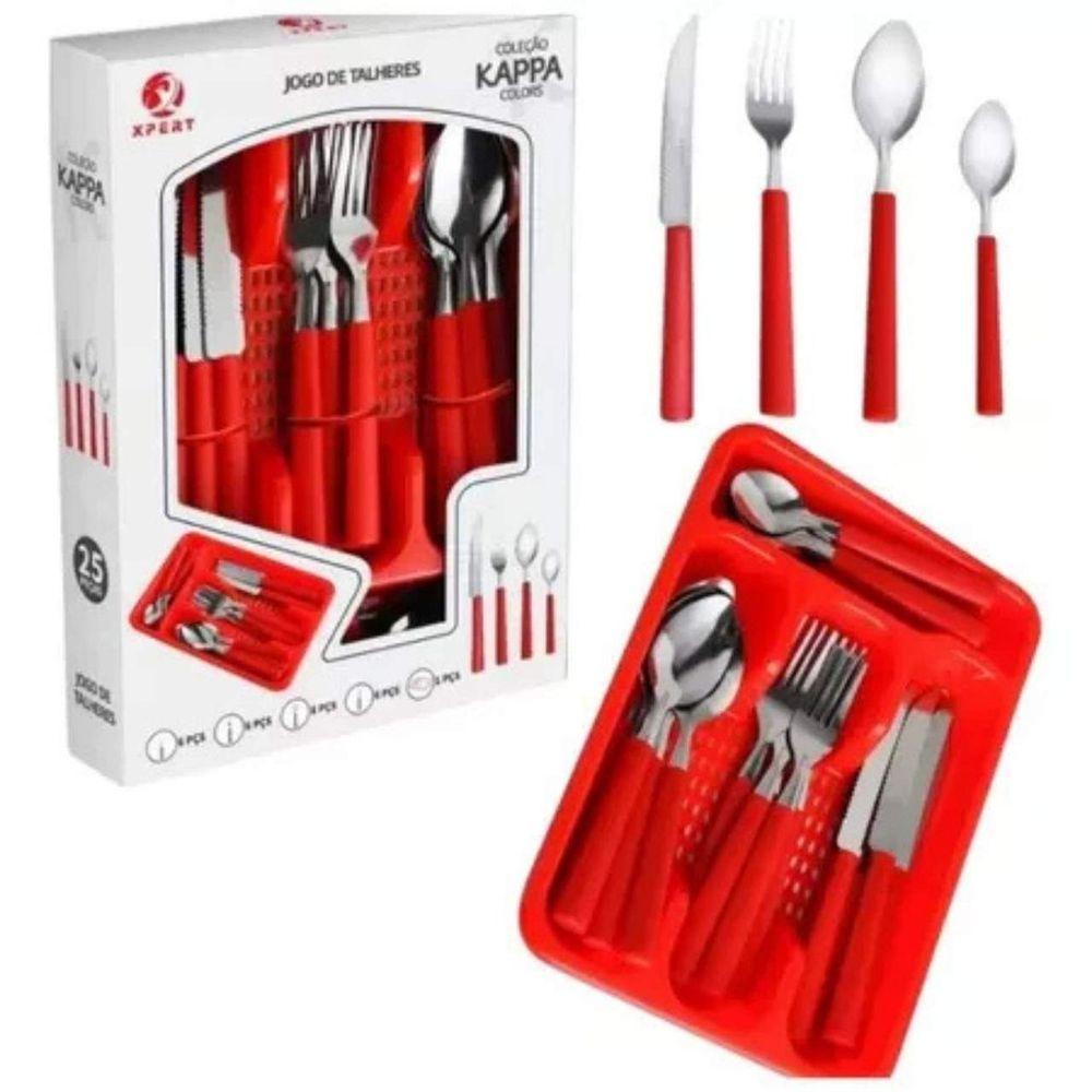 Kit 25 Peças Jogo De Talheres De Mesa Plástico E Aço Inox Vermelho - 3