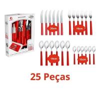Kit 25 Peças Jogo De Talheres De Mesa Plástico E Aço Inox Vermelho - 2