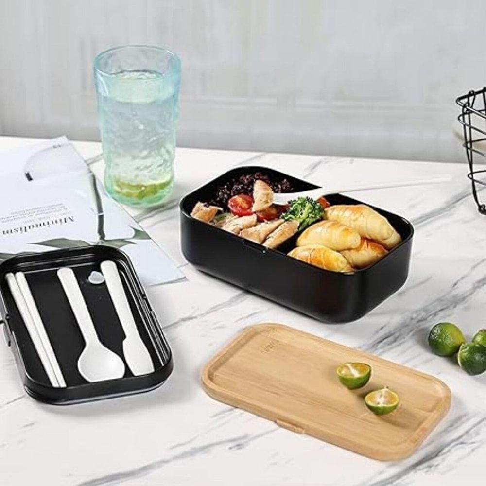 Kit Marmita Lancheira Tampa Hermética Garfo E Colher 900ml Miniso Preta - 2