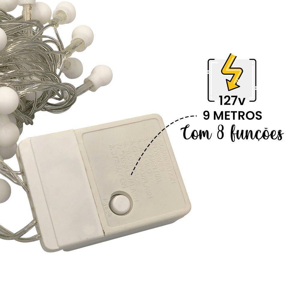 Cordão Led Fio Luz Varal 8 Funções Com 100 Bolinhas Natal 127v - Branco Quente - 5