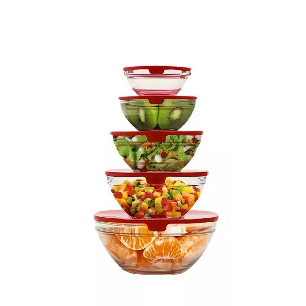 Kit 5 Potes De Vidro Redondos Com Tampa Plástica Conjunto De Tigelas Vidro Com Tampa - 1