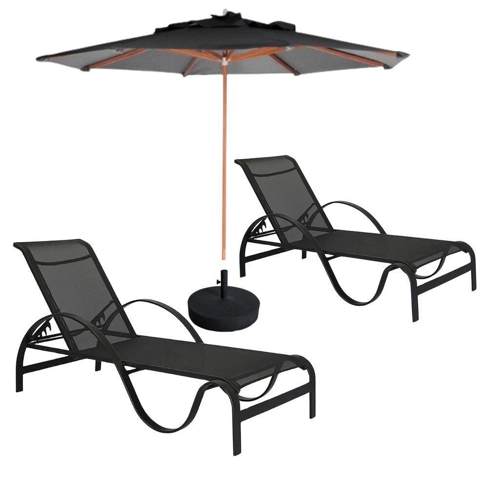 2 Cadeiras Piscina Espreguiçadeira Reclináveis + Ombrelon Preto - 1