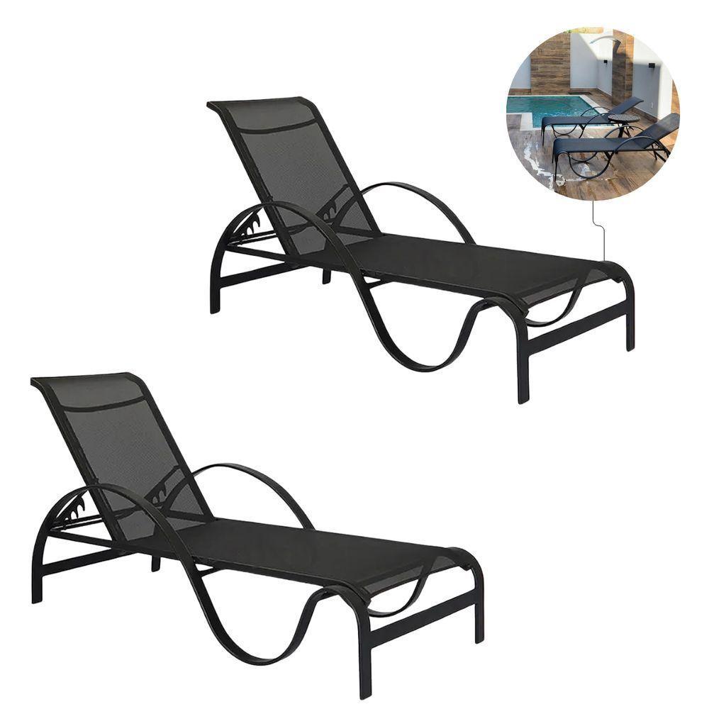 2 Cadeiras Piscina Espreguiçadeira Reclináveis + Ombrelon Preto - 3