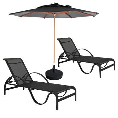 2 Cadeiras Piscina Espreguiçadeira Reclináveis + Ombrelon Preto