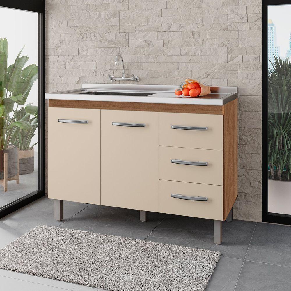 Balcão Para Pia 2 Portas 3 Gavetas Sem Tampo Cani Savana / Off White - 7