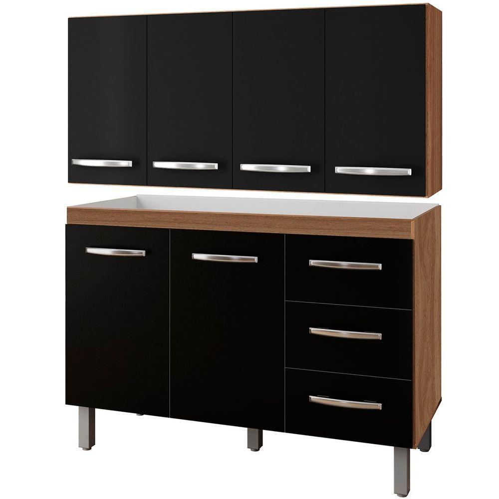 Balcão Para Pia 2 Portas E Armário Aéreo 4 Portas Porto Savana / Preto - 1