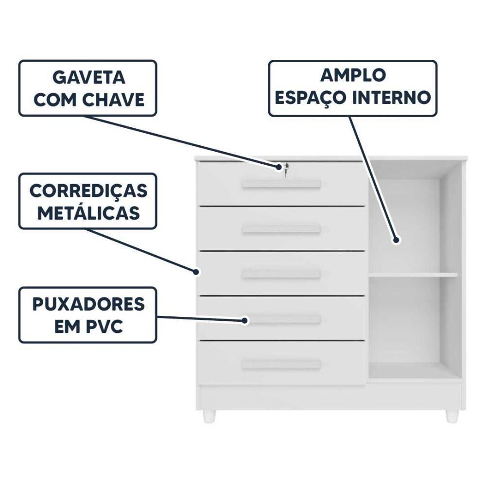 Cômoda Quarto 5 Gavetas 1 Porta Com Chave 2 Divisórias - Branco - 2