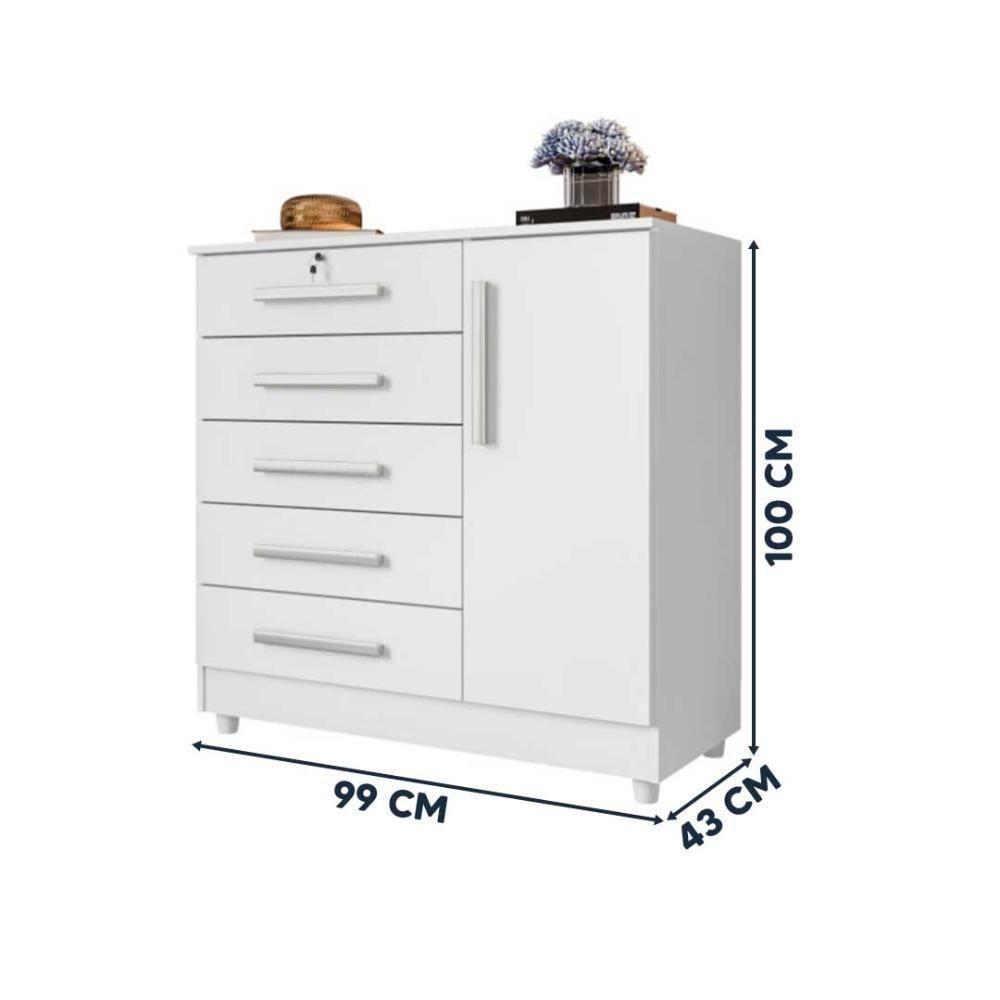 Cômoda Quarto 5 Gavetas 1 Porta Com Chave 2 Divisórias - Branco - 3