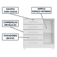Cômoda Quarto 5 Gavetas 1 Porta Com Chave 2 Divisórias - Branco - 2