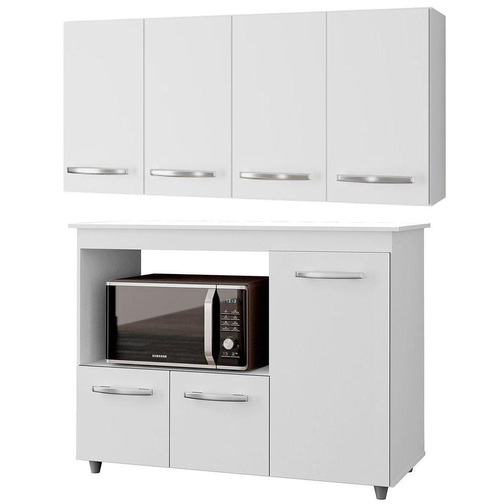 Balcão Multiuso 3 Portas E Armário Aéreo 4 Portas Luni Branco - 1