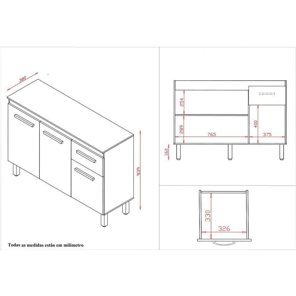 Balcão Cozinha 3 Portas E Armário Aéreo 2 Portas Maia Branco - 6