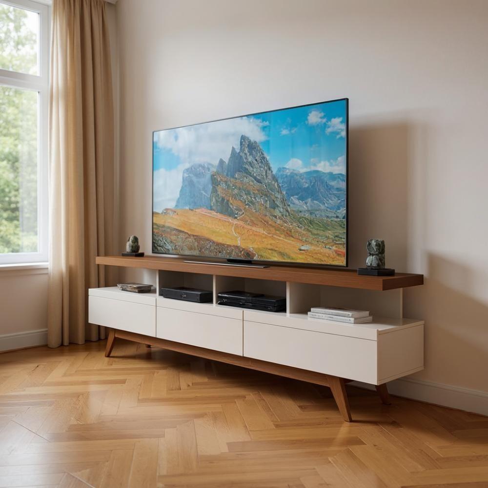 Rack Aparador 3 Gavetas Para Tv Até 70″ Com Pés De Madeira - Wood Off White/freijo - 1